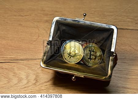 Bitcoin Coin In Wallet For Carrying Money And Coins. Ryptocurrency Trading Exchange. Btc Mining And 