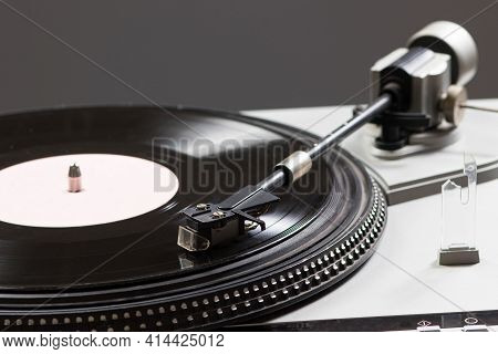 Vintage Record Player While Recording, The Record Spins And Music Plays. Gramophone Macro Close-up P