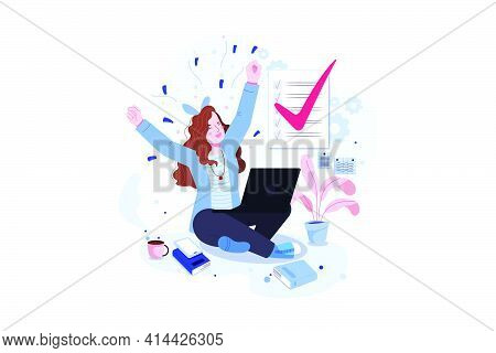 Happy Woman Completed Task And Triumphing With Raised Hands On The Her Workplace
