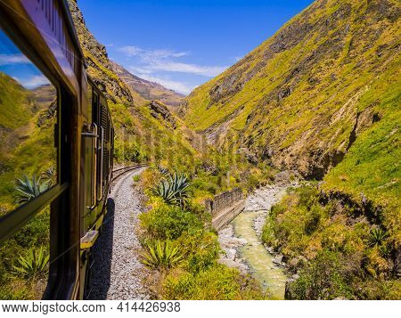 Impressive View Of Devil's Nose Train Running On Beautiful Andean Landscape, Alausi, Ecuador