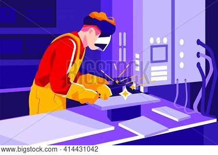 Man With Welding Helmet Welding Steel Vector Illustration Concept. Flat Illustration Isolated On Whi