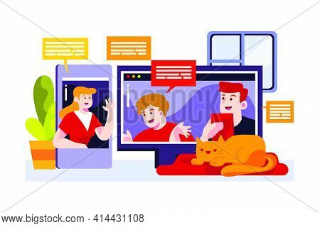 A Woman Has A Online Meeting With Her Partner From Home Vector Illustration Concept. Flat Illustrati
