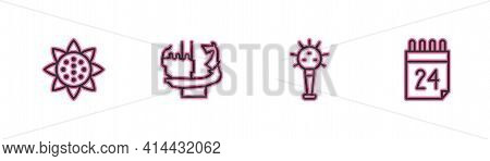 Set Line Sunflower, Mace, Monument To Founders Of Kiev And Independence Day Ukraine Icon. Vector