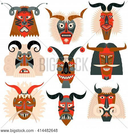 Busos.traditional Carved Wood Masks For The Busojaras (hungarian, Meaning 