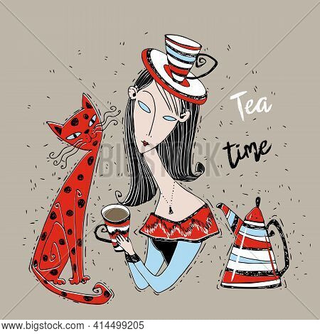 A Girl With A Cat Drinks Tea. Tea Time. Art Nouveau Style. Modigliani Art. Vector