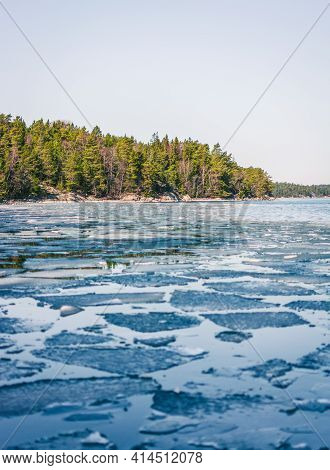 Ice Floe On Small Islands In The Archipelago Of Stockholm. Sweden. Water Landscape