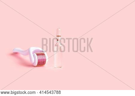 Dermaroller, Mesoroller, Microneedling. Cosmetic Instrument With Micro Needles And Ampoule With Drug