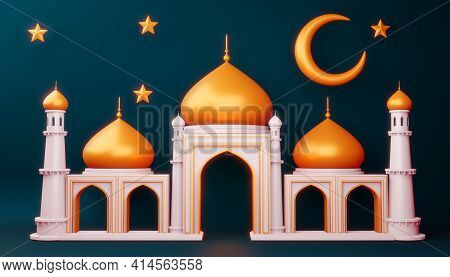 Ramadan Kareem Background, Mosque Building, 3d Rendering Illustration.