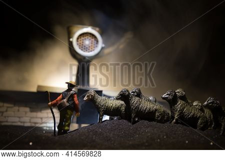 Automated Meat Production Concept. As Metaphor Animals Standing Near Big Manual Meat Grinder . Creat
