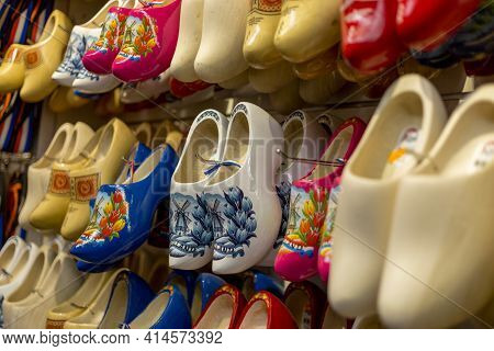 Amsterdam, Netherlands - July 02, 2018: Klomp - Dutch Wooden Shoes In The Shop Window