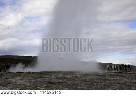 Geysir / Iceland - August 25, 2017: Strokkur Geysir Eruption Near Golden Circle, Iceland
