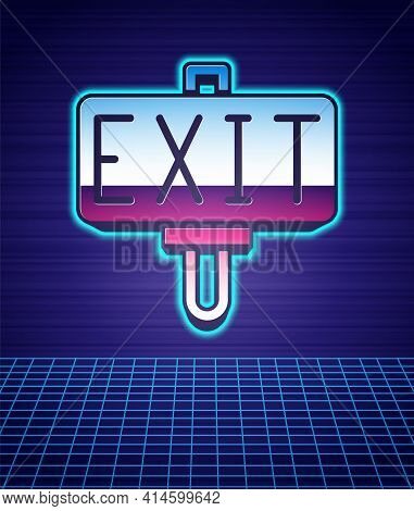 Retro Style Fire Exit Icon Isolated Futuristic Landscape Background. Fire Emergency Icon. 80s Fashio