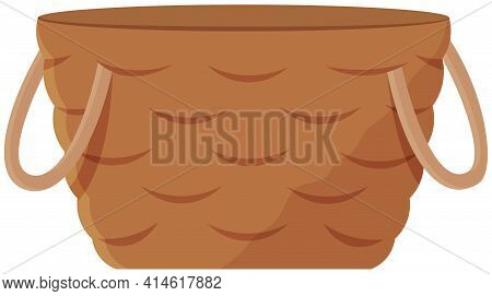 Wicker Basket With Handles Vector Cartoon Icon Isolated. Wooden Accessory On White Background