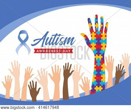 Wolrd Autism Awareness Day Banner With Raise Hands And Hand Colorflu Puzzle Sign For Autism Vector D