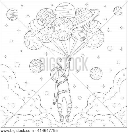 Fantasy Astronout Flying In The Sky With Planet Balloon. Learning And Education Coloring Page Illust