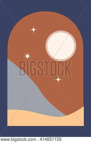Minimalist Daytime View From The Balcony Through The Arch To The Mountains. Modern Vector Illustrati