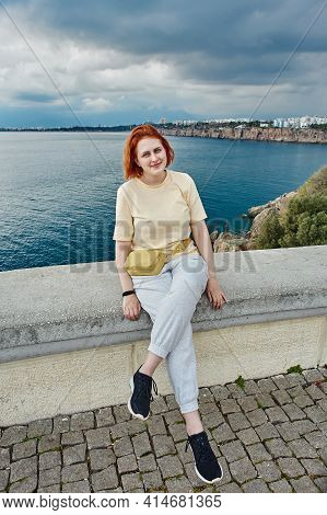Antalya Observatory Square In Karaalioglu Park Young Woman Poses For Photographer Against Backdrop O