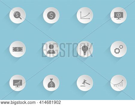 Business Vector Icons On Round Puffy Paper Circles With Transparent Shadows On Blue Background. Stoc