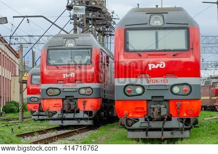 Electric Locomotives Ep2k Rzd Russia Railway Roads In The Parking Lot. Russia, Saint-petersburg, 27 