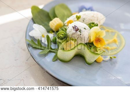 Healthy, Decorative Summer Salad With Organic Rucola And Spinach, Goat Cheese, Mustard Sauce, Edible
