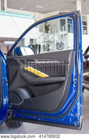 Russia, Izhevsk - February 17, 2021: Haval Showroom. Details Door New Modern Haval F7x Car. Car Manu