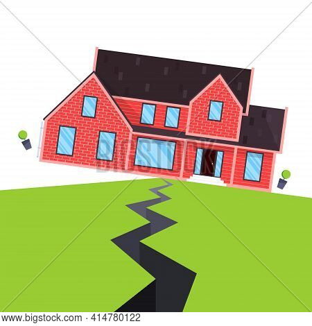 Earthquake House Insurance Concept Flat Style Vector Illustration. House Jumping From Earthquake And