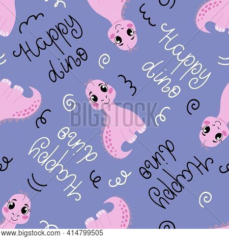 Seamless Pattern With A Cute Dinosaur And Lettering In Vector Graphics, On A Lilac Background. Forco