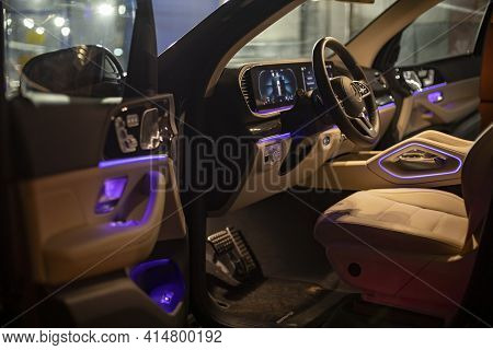 Moscow, Russia - December 24, 2019: Empty Interior Of Driver's Seat With Steering Wheel Of Light Lea