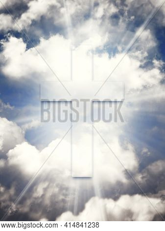 Happy Easter. Cross In The Heavenly Blue Sky With Clouds And Sun Rays