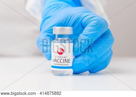 Sinovac Vaccine Against Covid-19, Coronavirus Or Sars-cov-2 In Doctor Hand In Rubber Gloves, March 2