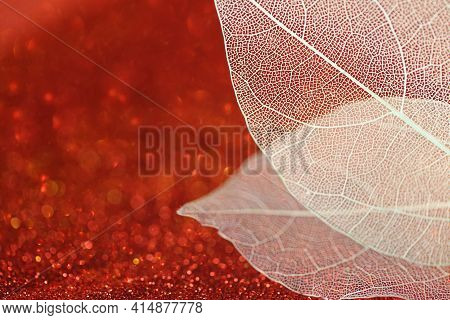 Skeleton Leaves.skeletonized Yellow Leaf On Red Glitter Background With Shining Bokeh.wallpaper Phon