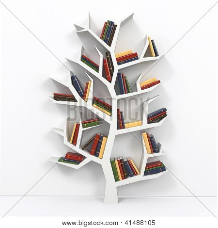 Дерево познания. Книжная полка на белом фоне. 3D