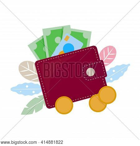 Wallet With Paper Money And Coins.vector Illustration Isolated On White Background In Cartoon Flat S