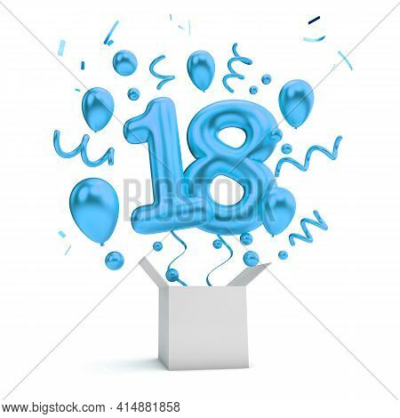 Happy 18th Birthday Blue Surprise Balloon And Box. 3d Rendering