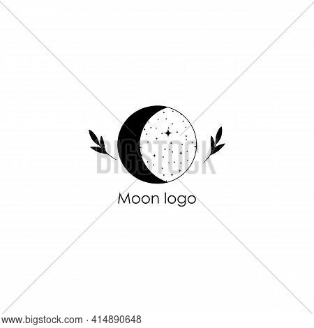 Fashion Beauty Moon Logo Template. Minamalism Style Moon Logotype. Elegant Moon Logo With Stars, Lea