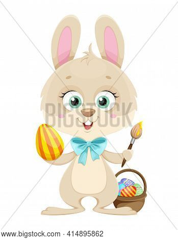 Happy Easter. Cute Little Bunny Painting Eggs. Cartoon Character Rabbit. Stock Vector Illustration.