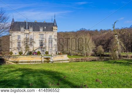Valkenburg Aan De Geul, South Limburg, Netherlands. February 4th. 2021. Schaloen Castle With Its Moa