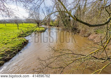 Branches Of A Bare Tree With The River Geul Among Trees And Green Grass, Sunny Day With A Blue Sky I