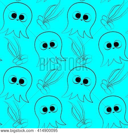 Seamless Vector Pattern With Outline Octopus And Seaweed