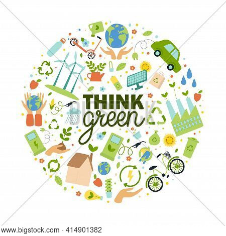 Think Green Slogan With Eco Elements In Circle Shape. Save Earth Concept. Hand Drawn Ecology Letteri