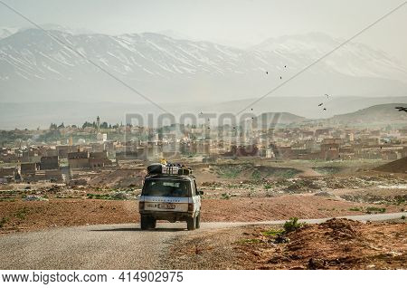 Midelt, Morocco - April 10, 2014. Old Vintage Car With Czech Plate Heading To The City With Rubbish 