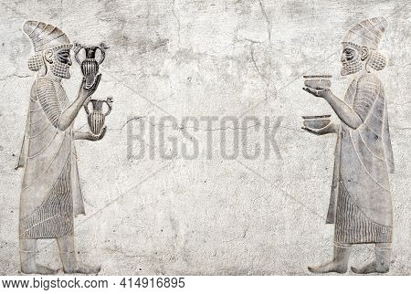 Ancient wall with bas-relief with two foreign ambassadors with gift and donation, Persepolis, Iran. Horizontal background with embossed image persian bearded man. Mock up template. Copy space for text