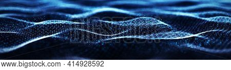 Connected Hexagons. Abstract Wave Of White Hexagons On A Dark Blue Background. 3D Rendering