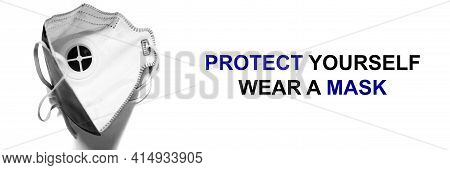 Black And White Web Banner With Facial Mask And Social Information Text. Virus Protection Brochure B