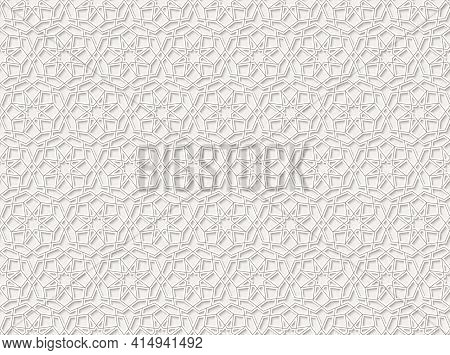 Arabic Lace Seamless Pattern With Stars. Traditional Islamic Girih Tiles On White Background. Vector