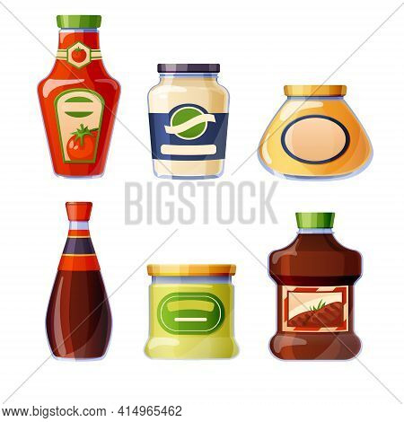 Sauces And Dressings In Glass Bottles Isolated On White Background. Ketchup, Mayonnaise, Mustard And