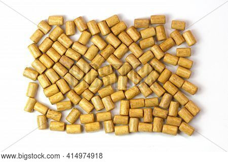 Cylindrical Wooden Buttons On A White Background. Wooden Fittings. Vintage Buttons Close-up. Copy Sp