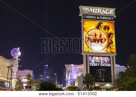 The Mirage Hotel Sign At Night In Las Vegas, Nv On August 29, 2013