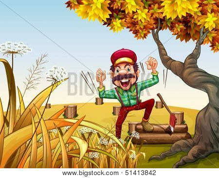 Illustration of a very happy lumberjack beside the giant tree