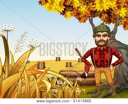 Illustration of an angry lumberjack near the giant old tree